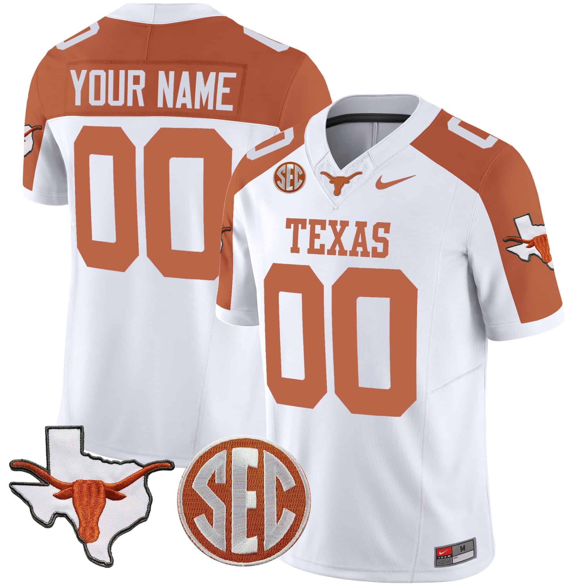 Men Texas Longhorns White 2024 Nike State Map & SEC Patch Vapor Custom NCAA Jersey style 1->customized nfl jersey->Custom Jersey